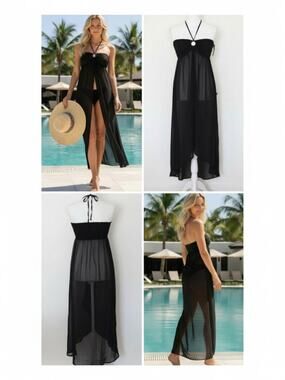Tommy Bahama Black Sheer Halter Swim Coverup O-Ring S NWT